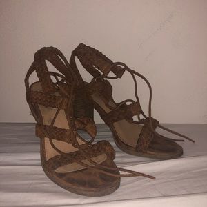 Report Heels — brown suede block heels